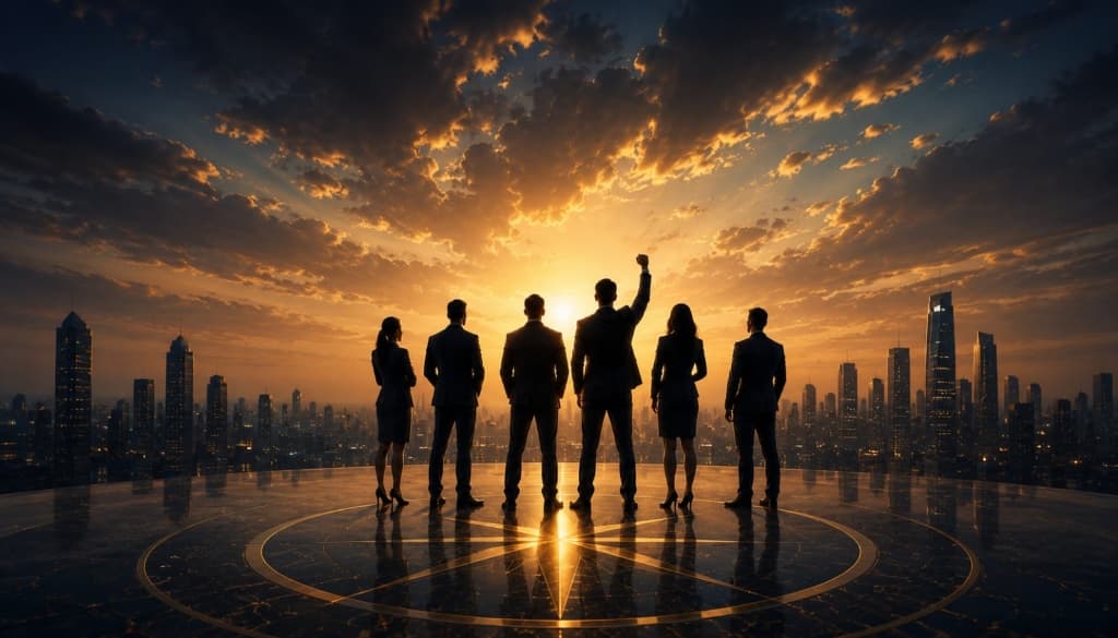 Business leaders silhouetted against a dramatic golden sunset cityscape